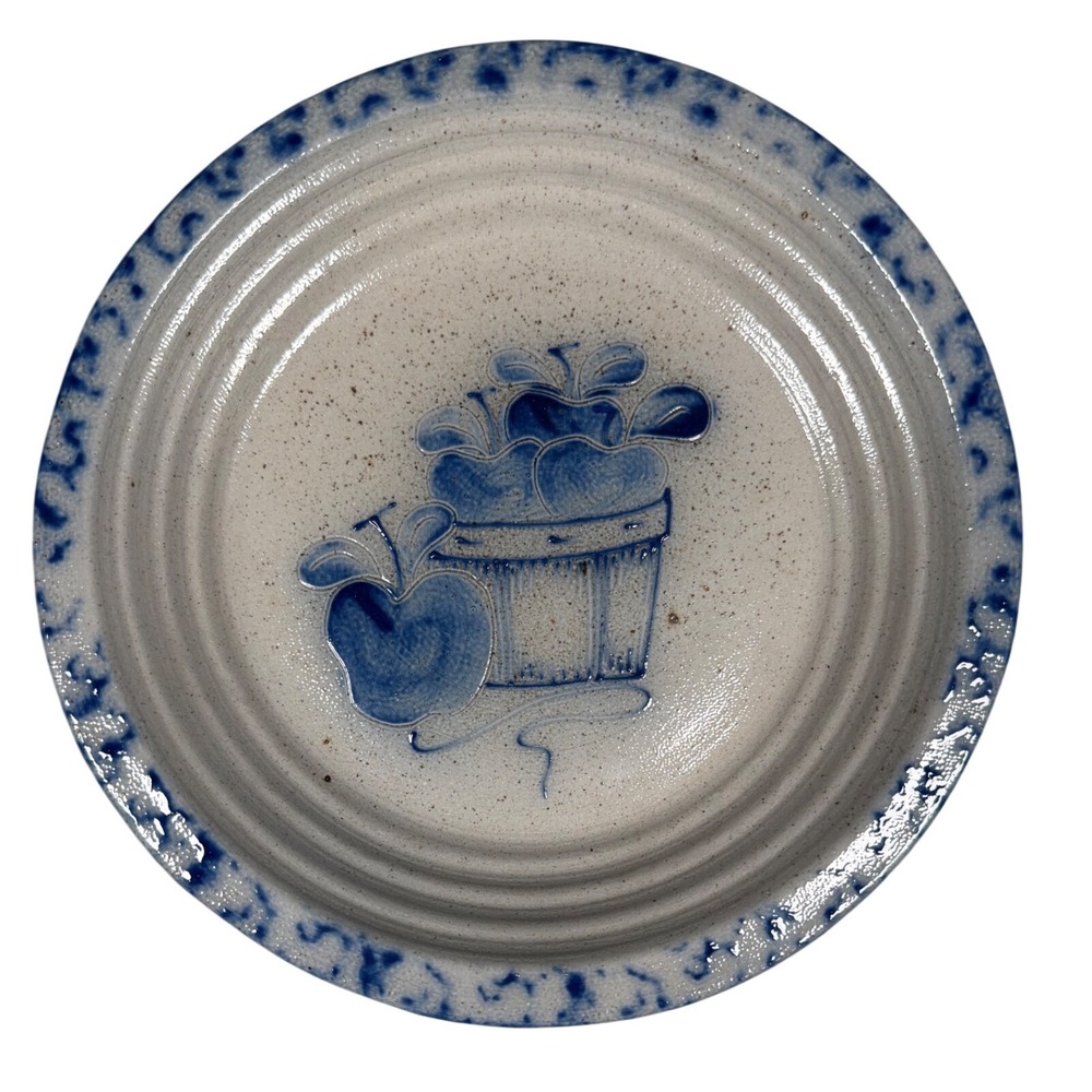 Signed Studio Pottery Blue Spongeware Apple Basket Pie Plate 8.25" Country VTG